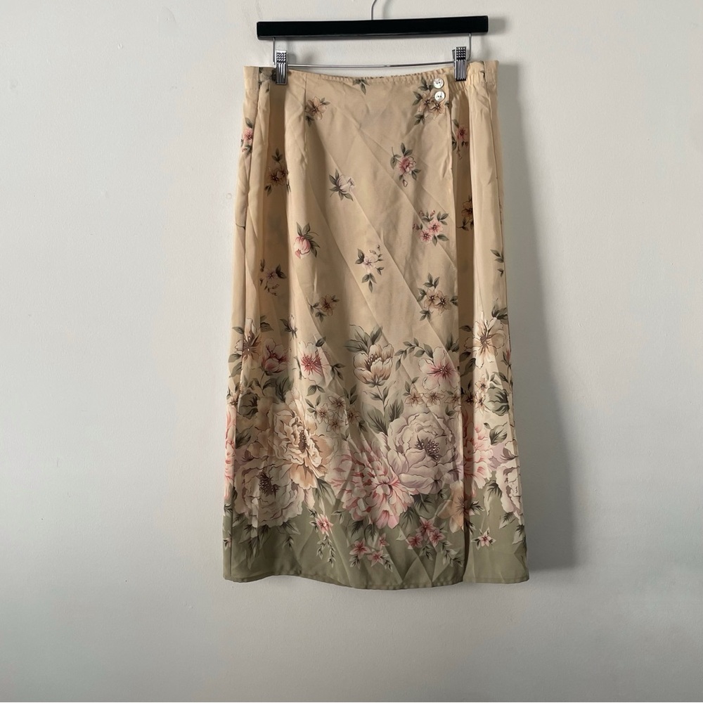 Vintage 90s Bice Beige Green Pink Floral Fairycore Garden Whimsy Skirt Size 12